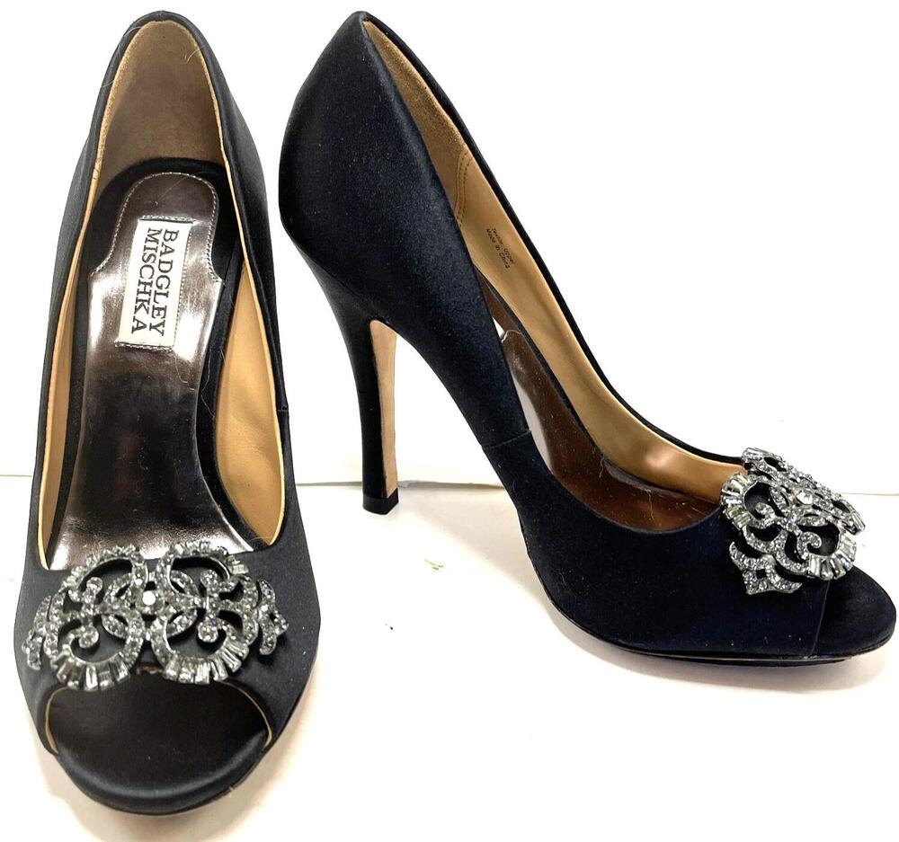 Badgley Mischka Shoes Womens Size 6 Black Satin Peep Toe Pumps Jeweled Heels
